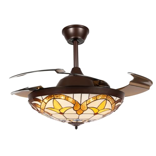 42 Inch Tiffany Style Ceiling Fan Stained Glass Ceiling Fan Retractable Ceiling Fan with Light and Remote Control 3 Speed, 3 Lighting Color Setting for Bedroom, Living and Dining Room