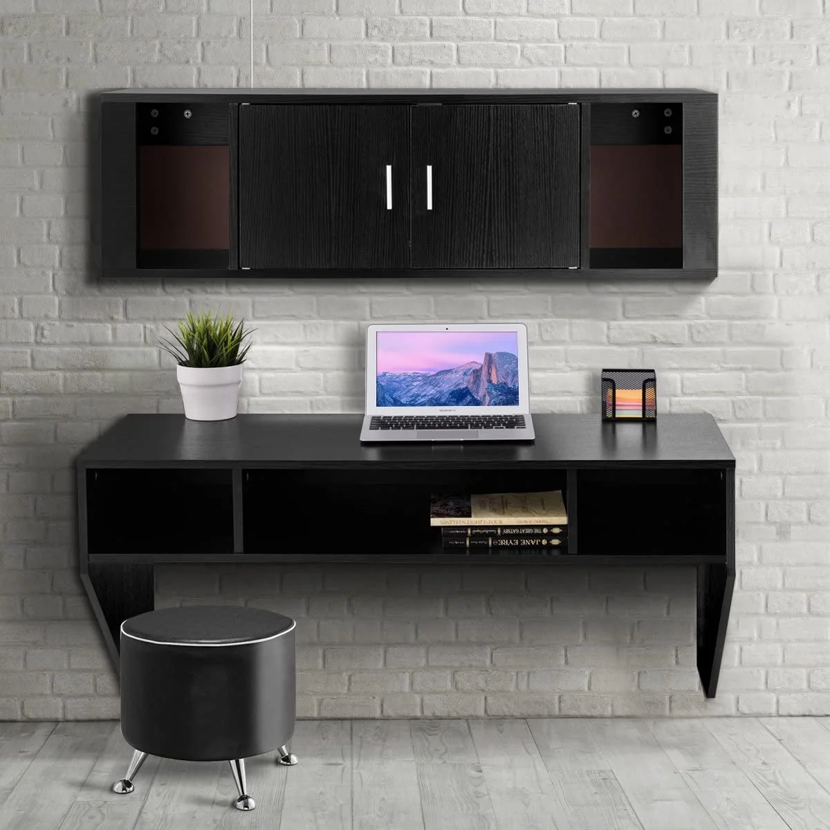 HJZBNONE Wall Mounted Floating Computer Desk with  Shelves for Home Office Bedroom Home Work Station Desk  Black