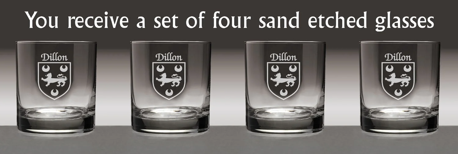 Dillon Irish Coat of Arms Tumbler Glasses - Set of 4 (Sand Etched)