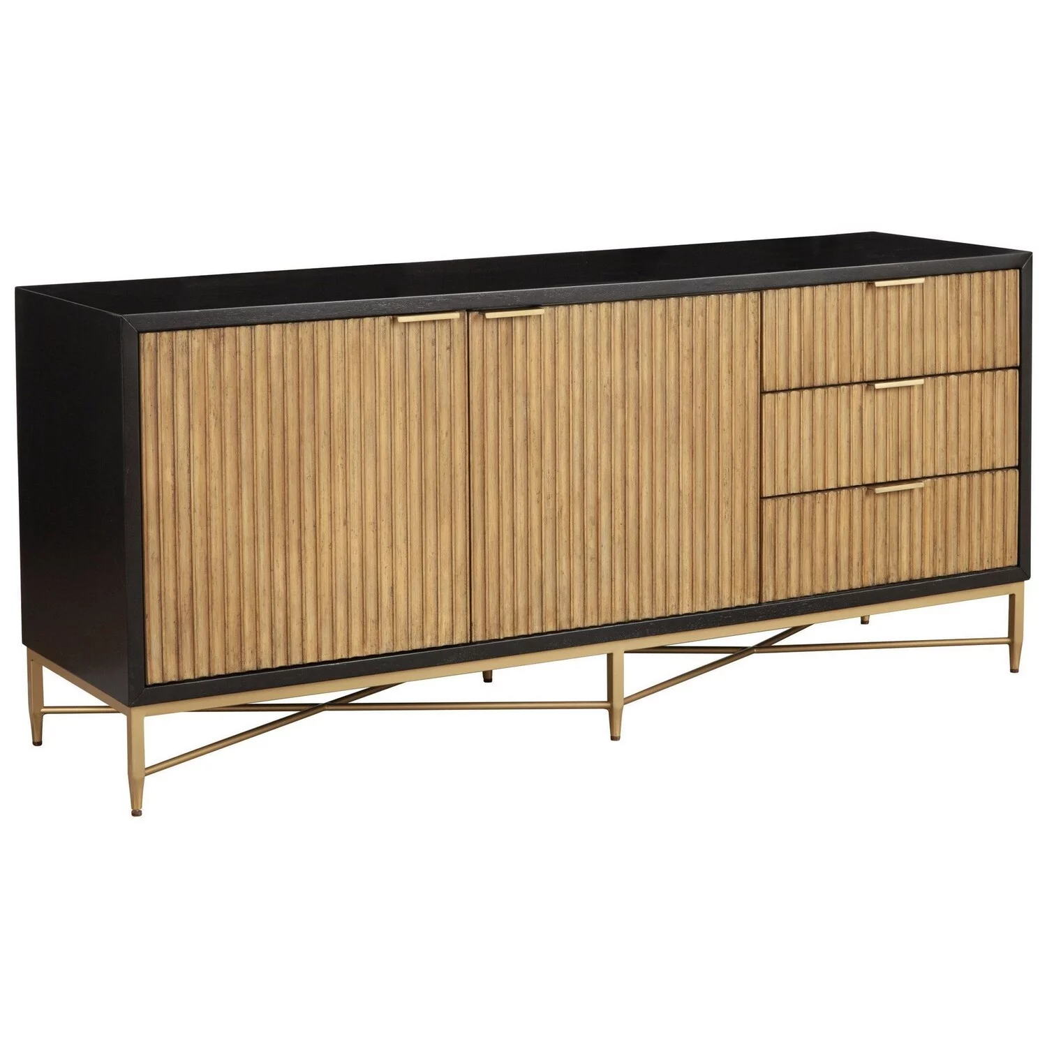 Benjara Eli 64 Inch TV Media Entertainment Center Console, 3 Drawers, Black, Gold