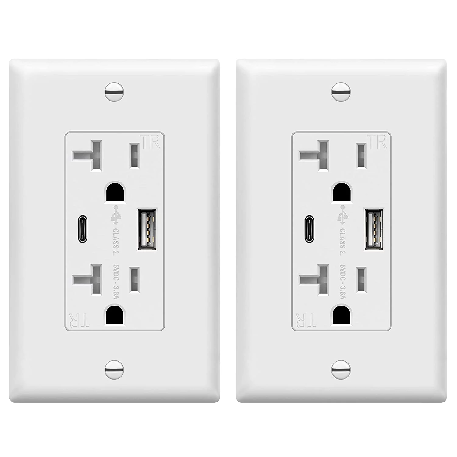 TOPGREENER 20 Amp USB Outlet, Type C USB Wall Charger Outlet, 20A Tamper-Resistant Receptacle with 2 USB Charging Ports, TU22036AC-W-2PCS, White, 2 Pack