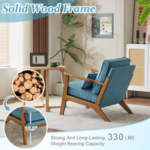 VINGLI Solid Wood Wide Armrests Accent Chair,Upholstered Mid Century Modern Chair with Pillow,Comfy Reading Chair Farmhouse Arm Chair,Chairs Living Room,Bedroom,Guest Room,Linen Fabric,Beige