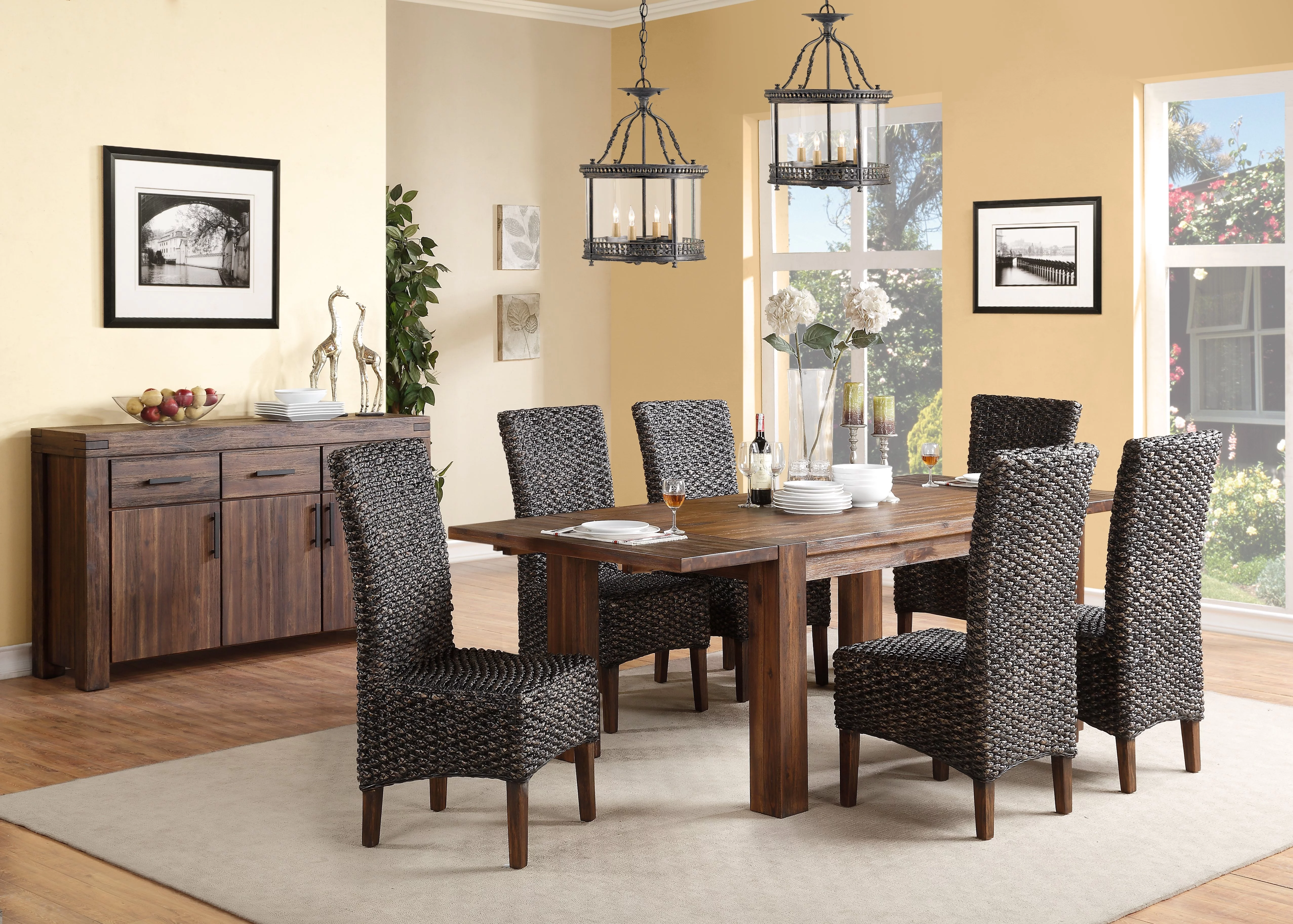 Millstone 8PC Rectangle Table, 6 Water Hyacinth Chair, Sideboard Dining Set in Acacia Rustic Brown