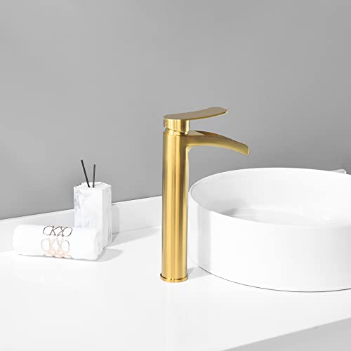 Phiestina Brushed Gold Tall Bathroom Vessel Sink Faucet, Single Hole Single Handle Waterfall Modern Bathroom Faucet, with Pop Up Drain and Water Supply Line, NS-SF01-BG-V