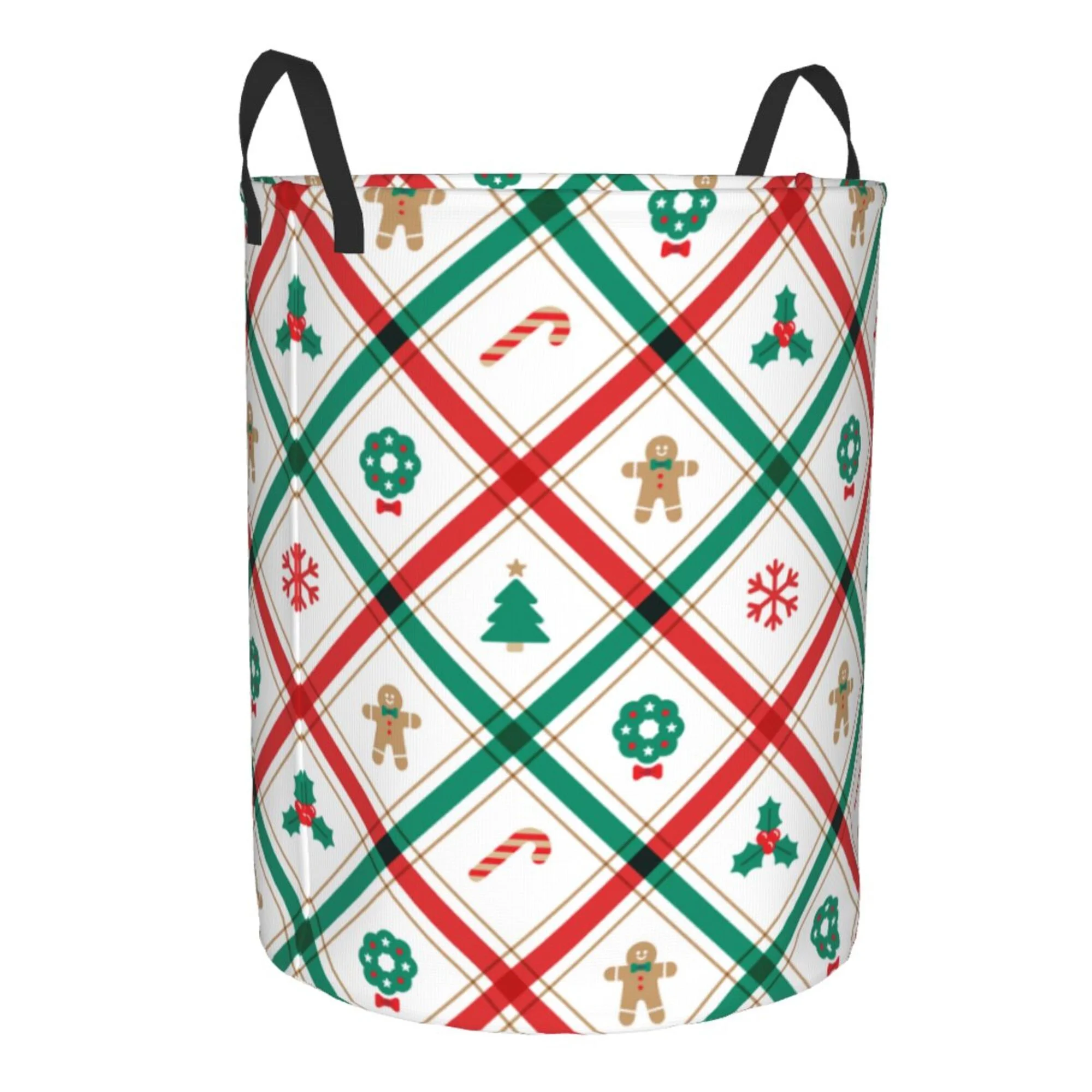 TEQUAN Waterproof Laundry Hampers, Christmas Tree Striped Plaid Pattern Clothes Storage Basket with Handle (S)