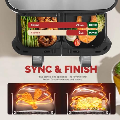 10QT DualZone 2-Basket Air Fryer with 2 Independent Frying Baskets，SYNC Controls & Match Cook Apply to Veggies, Frozen Food, Juicy Meats, Suitable for Large Families
