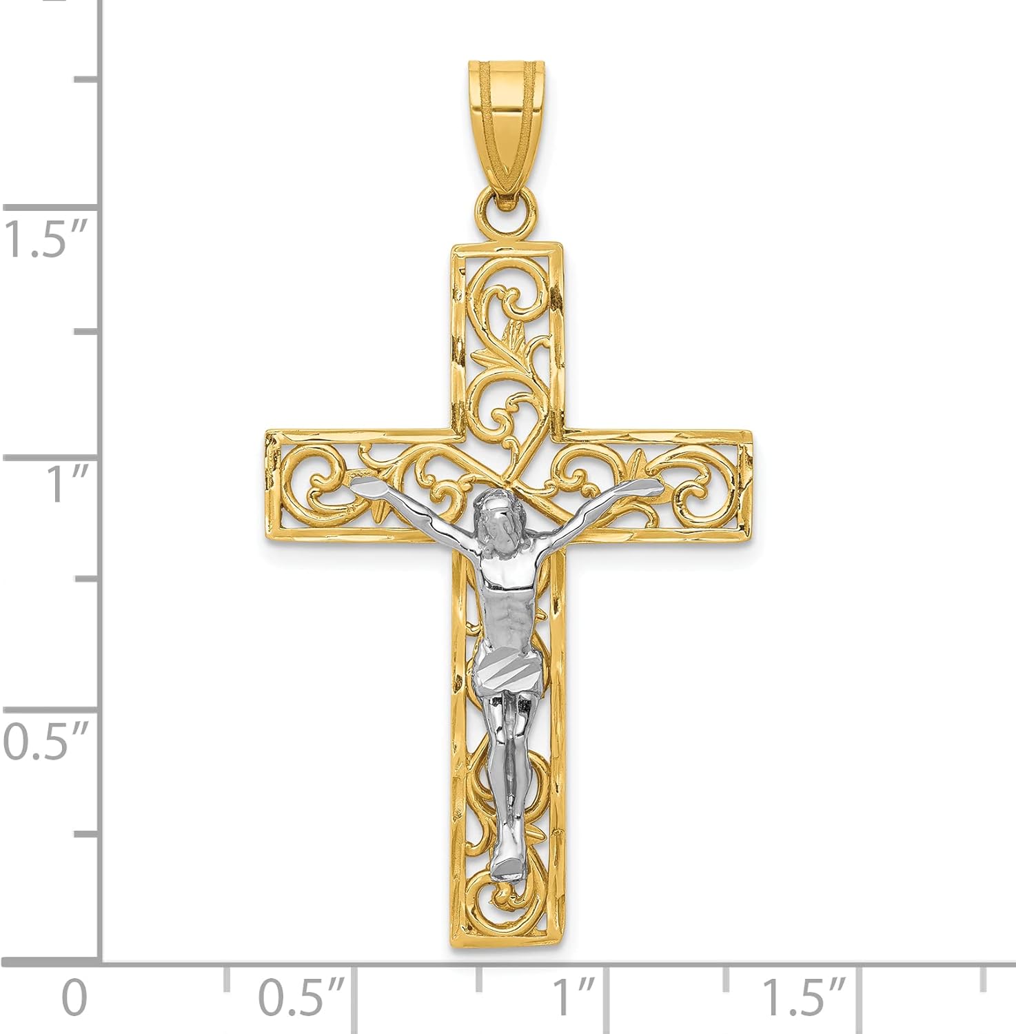 Avariah Solid Gold 10K Two-tone Diamond Cut Large Block Filigree Cross w/Crucifix Pendant - 46mm