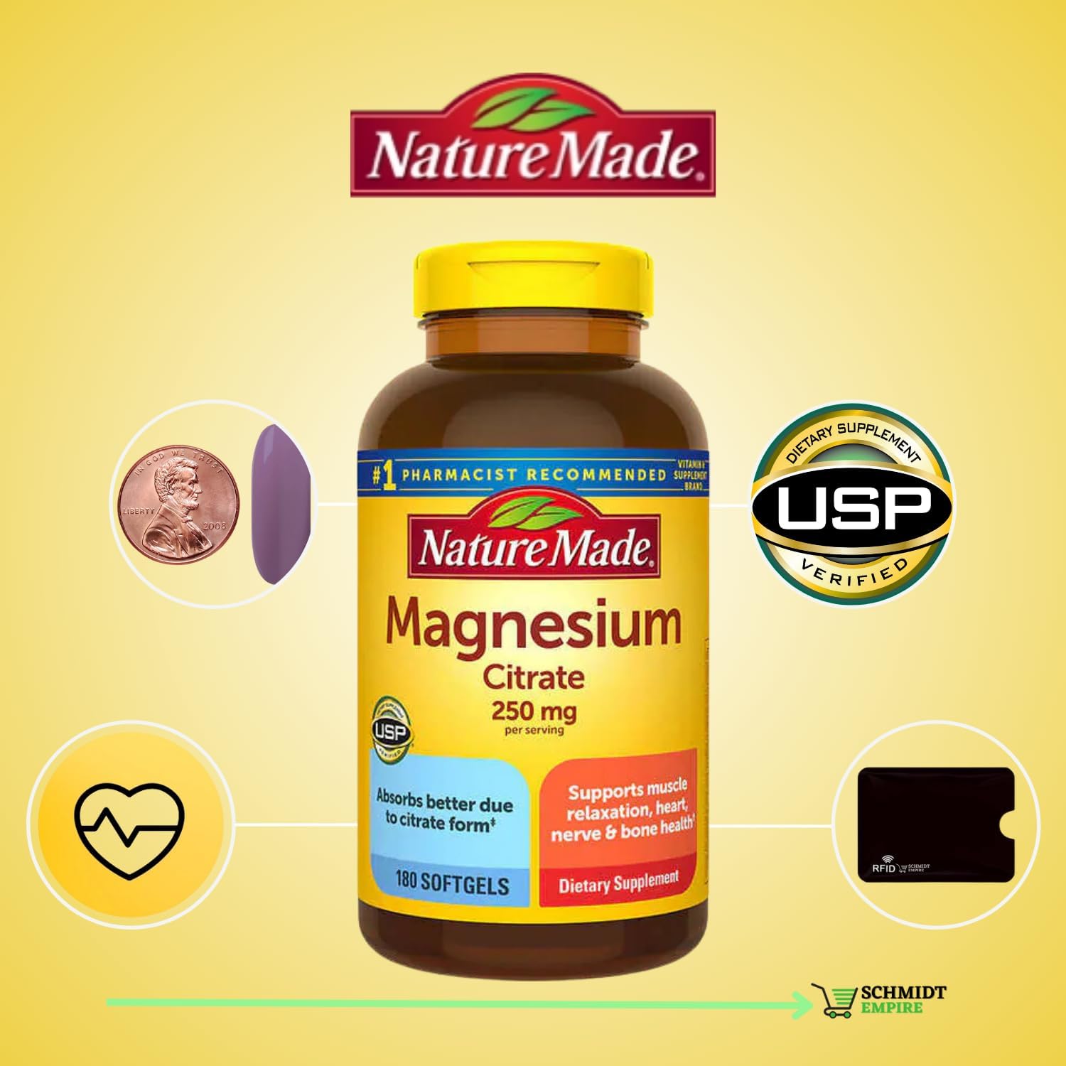 Nature Made Magnesium Citrate 250 mg Supplement, 180 Count Softgels (Pack of 1)