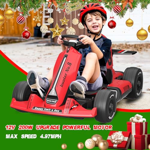 XJD Electric Go Kart 12V Battery Powered Pedal Go Karts for 37-96 Months Kids Youths on Car Electric Vehicle Car Racing Drift Car for Boys Girls with Bluetooth/FM and Remote Control (Red Black)