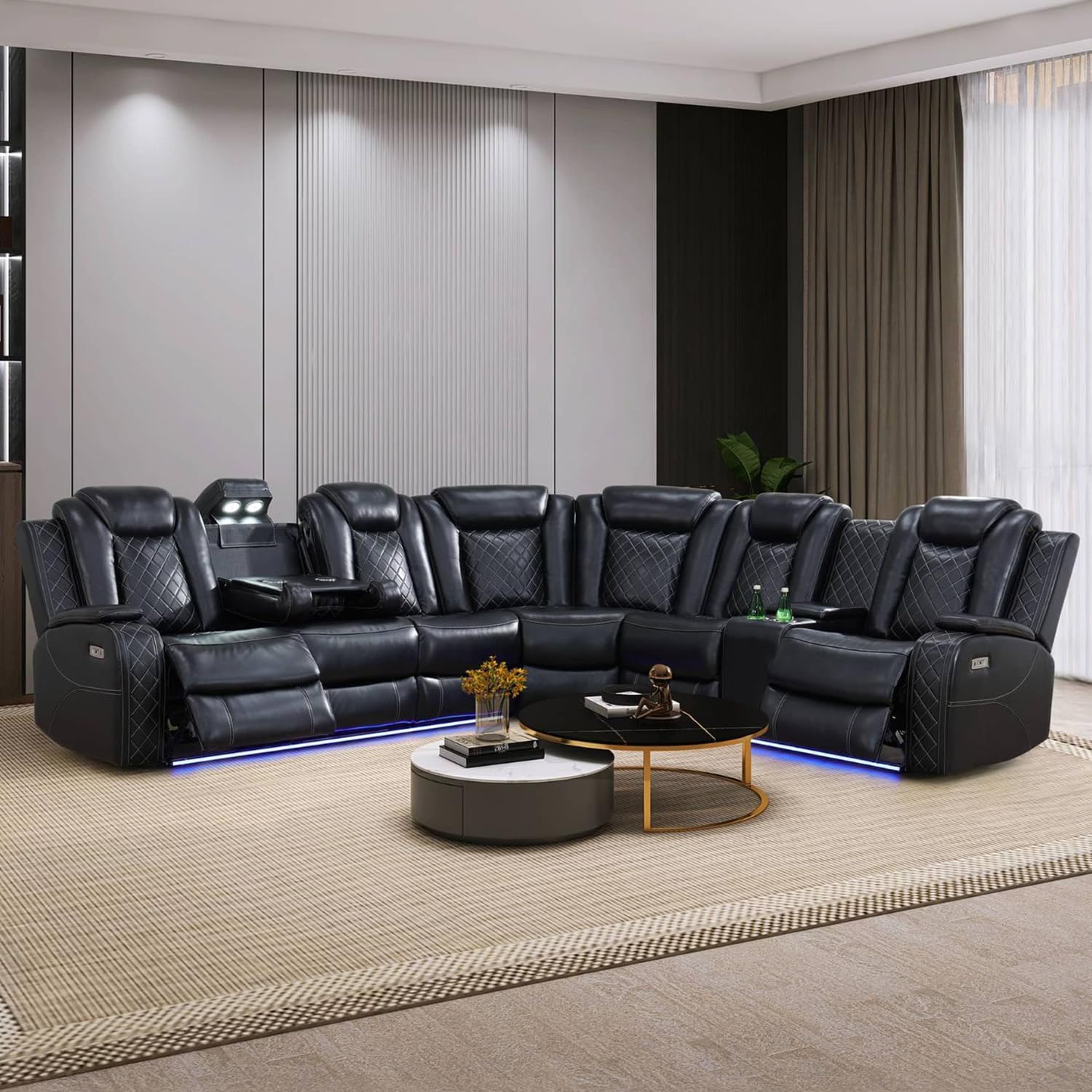 Black Leather Power Reclining Sectional Sofa，Sectional Couch with Recliner Living Room Set with LED Light/Read Light/Storage Console/USB Port/Wireless Charge/Home Theater Seat