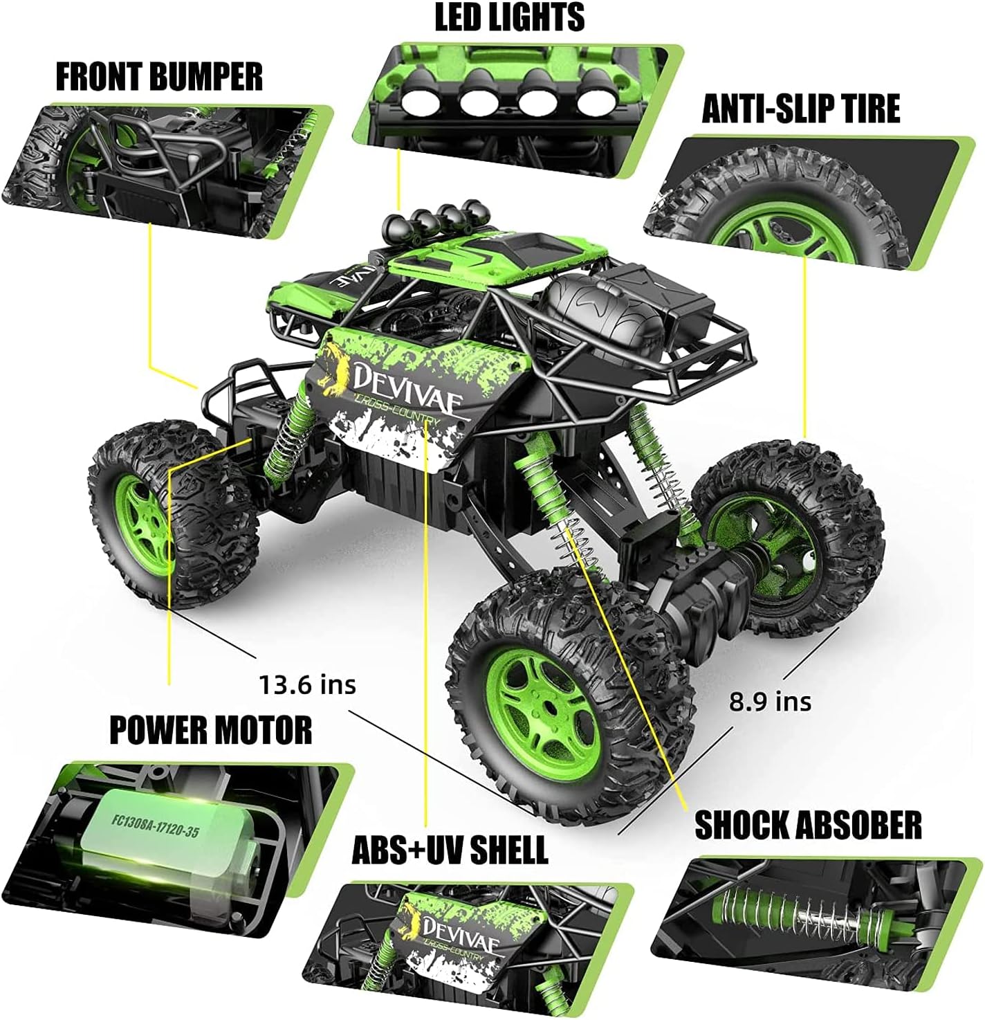 DEVIVAE RC Cars 2059 Remote Control Car for Kids Adults,1:12 All Terrain Monster Trucks for Boys, 4WD Off-Road 2.4GHz Rock Crawler,2 Batteries for 80Mins Play, RC Truck Electric Toy Gift for Boy Girl