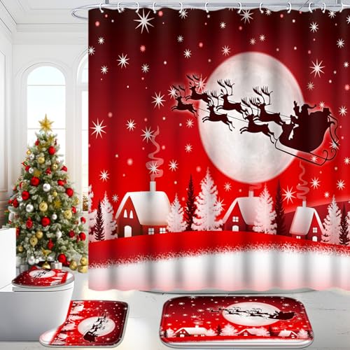 Poedist Christmas Bathroom Set Decor,Christmas Shower Curtain Sets with Rugs(Bath Mat,U Shape & Toilet Lid Cover Mat),with 12 Hooks,Shiny Christmas Tree