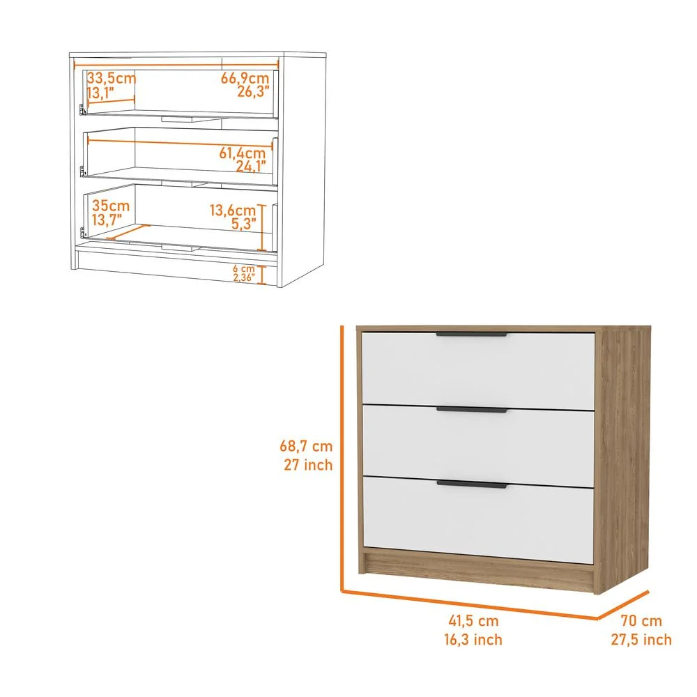 FM FURNITURE LLC Washington White 3 Drawer Dresser ,White / Light Oak