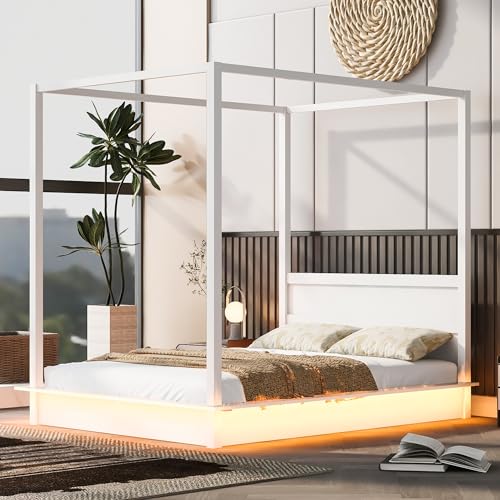 Bellemave Canopy Bed Frame Wood Four Posters Twin/Full/Queen/King LED Platform Bed with Built-in Headboard Strong Wooden Slat Support, No Box Spring Needed,White (Full)
