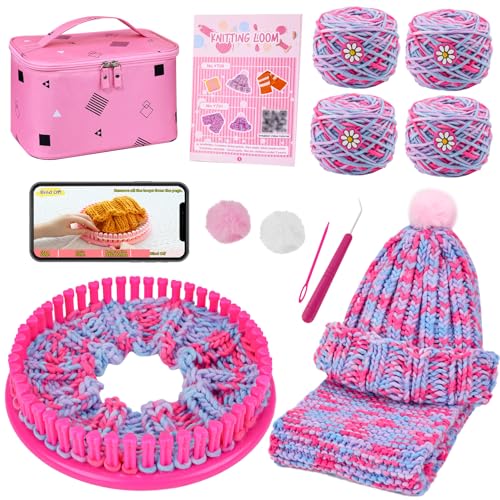 AHCo. Knitting Loom Kit for Beginners, Creative Craft Toy for Girls Ages 7 8 9 10 11 12 with Storage Bags Yarns Knitting Tools, Fantastic DIY Gifts Knit Hat Scarf Coaster (Pink)