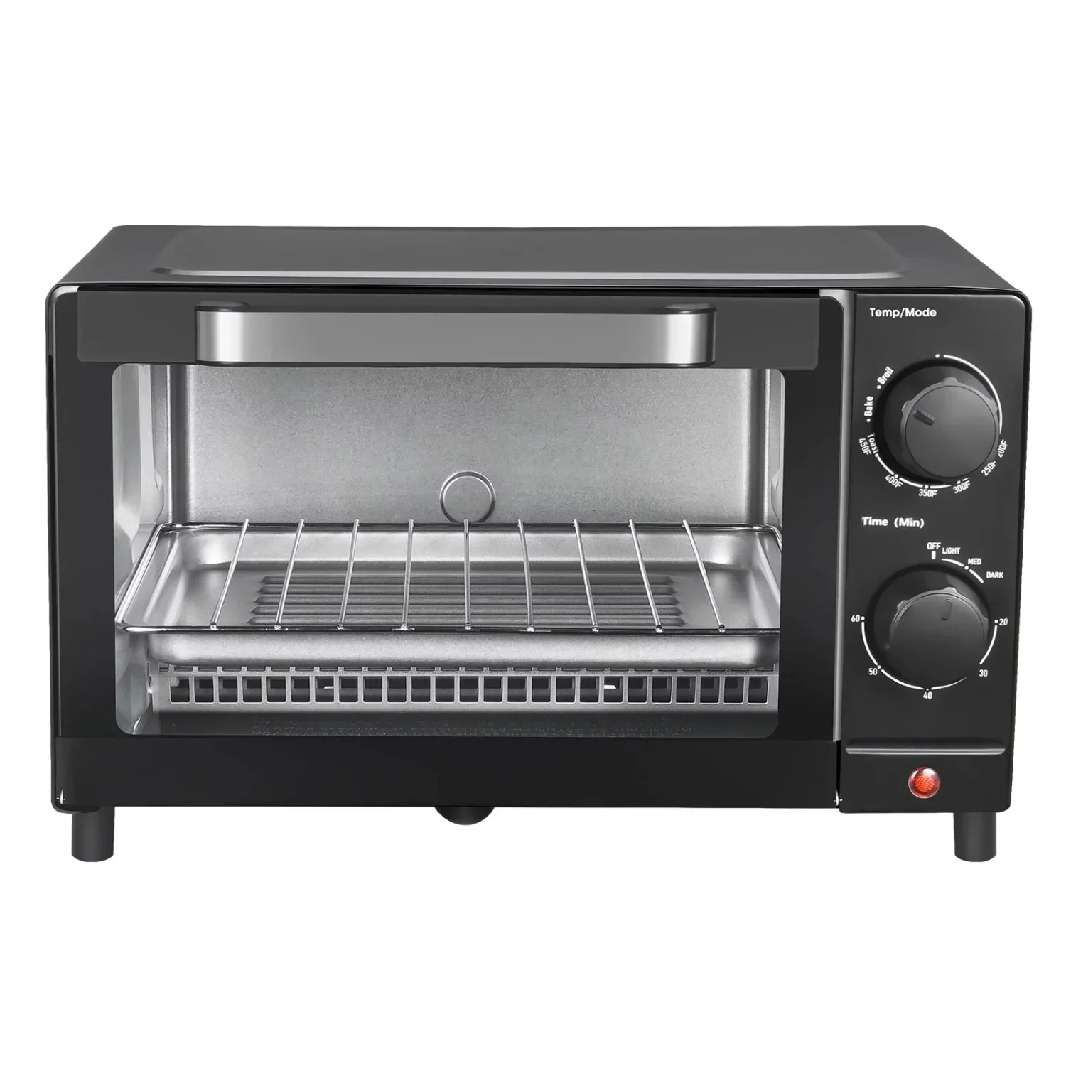 Versatile 4-Slice Toaster Oven: 3 Settings, Baking Rack, and Pan in Sleek Black Design