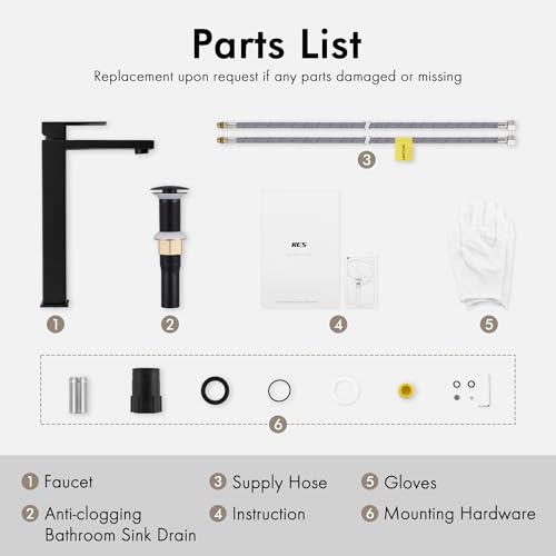 KES Vessel Sink Faucet, Black Bathroom Faucets, Tall Bathroom Faucets with Sink Drain with Overflow, L3156BLFF12-BK-C1