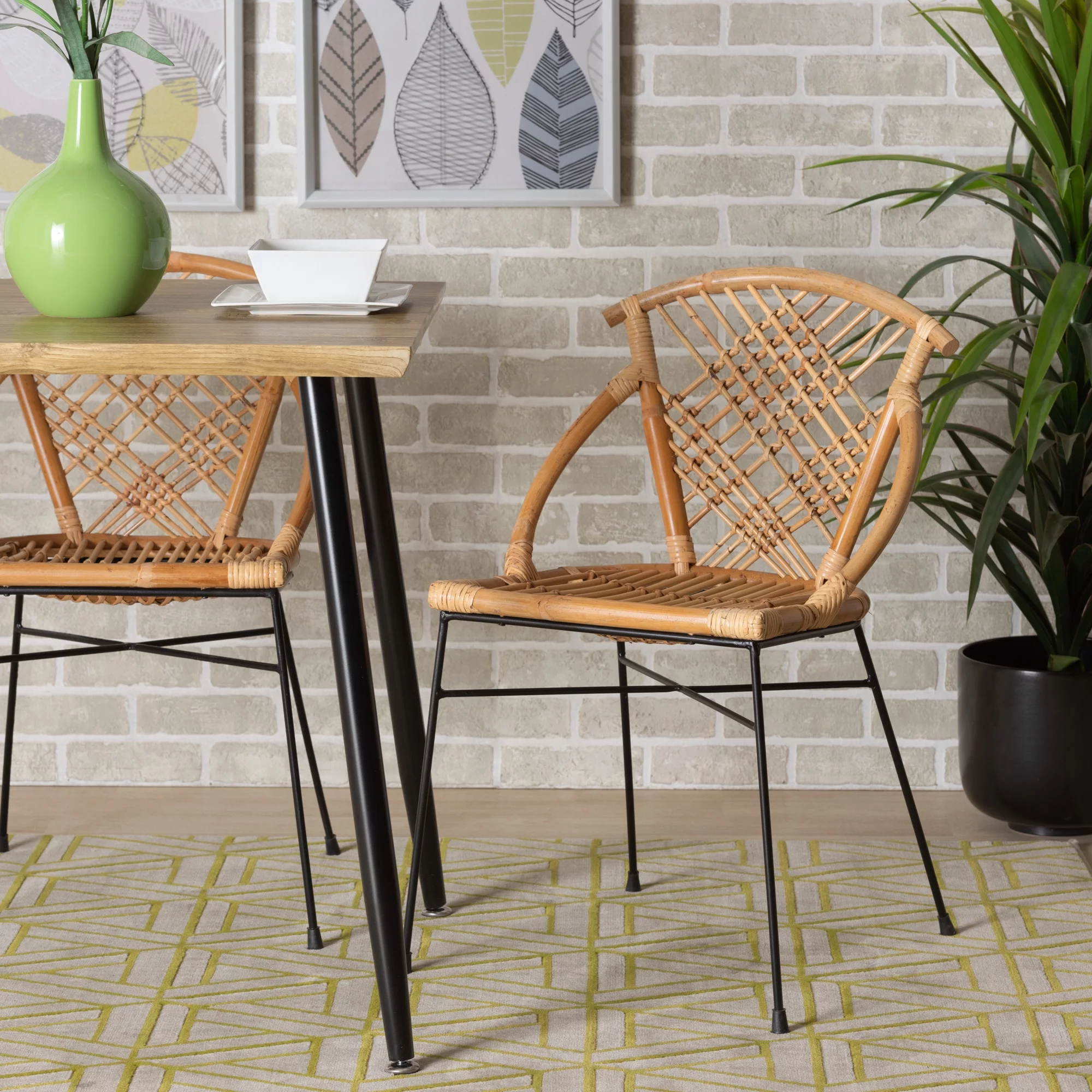 bali & pari Pro Modern Bohemian Natural Brown Rattan and Black Metal 2-Piece Dining Chair Set