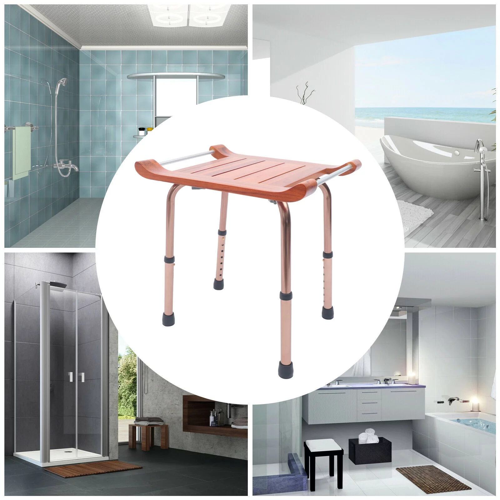TFCFL Teak Shower Stool Bathroom Bench Furniture SPA Seat Height Adjustable Non-Slip