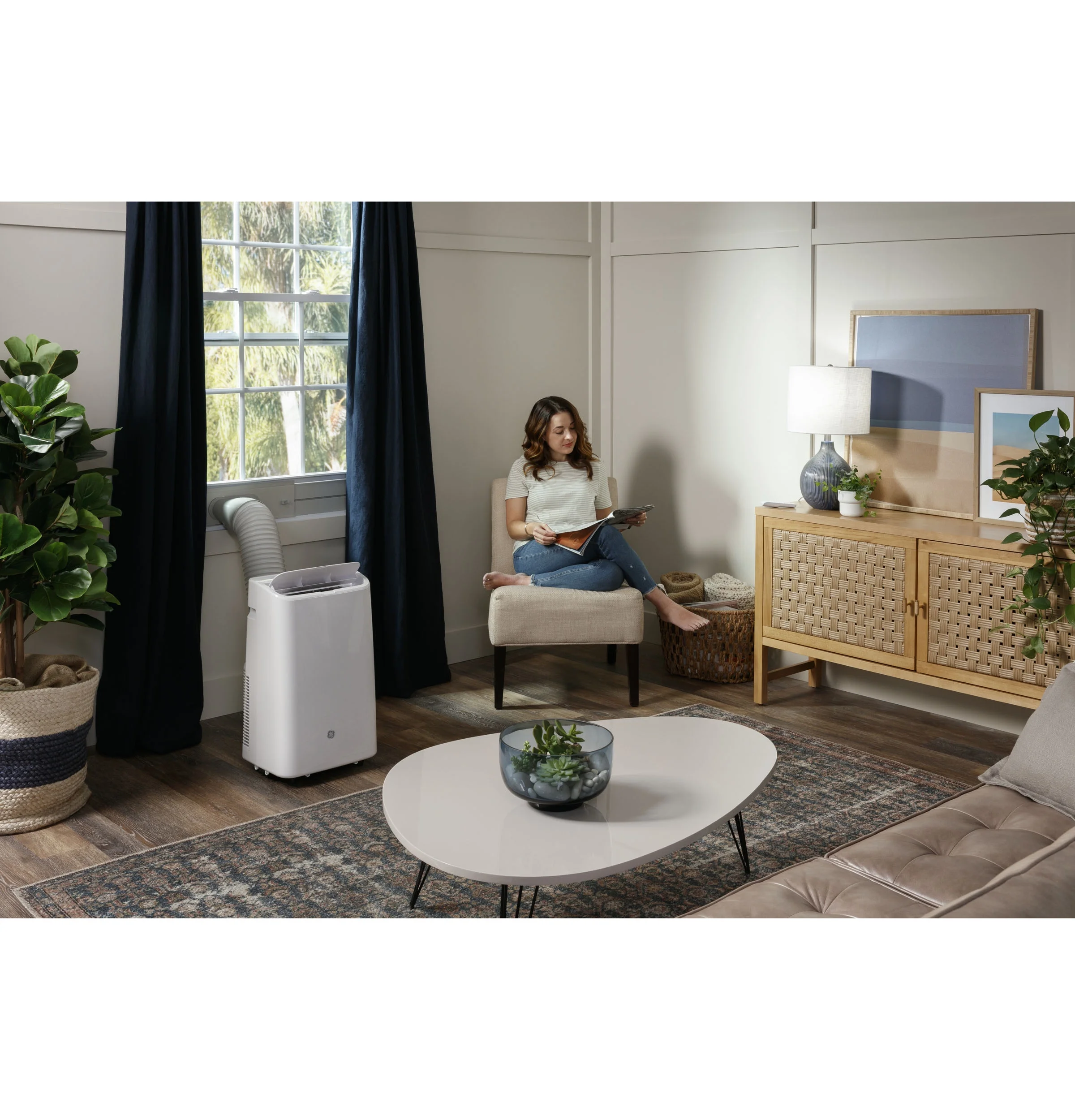 GE® 8,000 BTU 115-Volt 3-in-1 Portable Air Conditioner with WiFi for Medium Rooms, White, APWD08JAWW