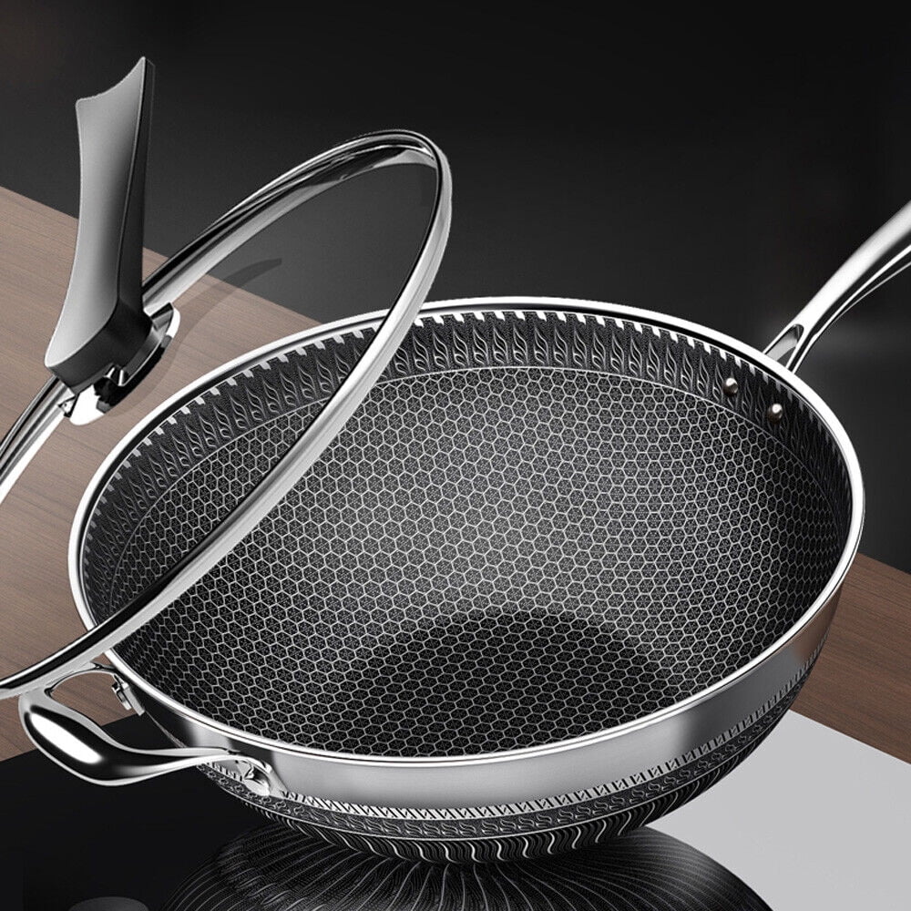 DENEST Double Sided Honeycomb Non-stick Cooker Frying Pan Stainless Wok w/ Glass Lid