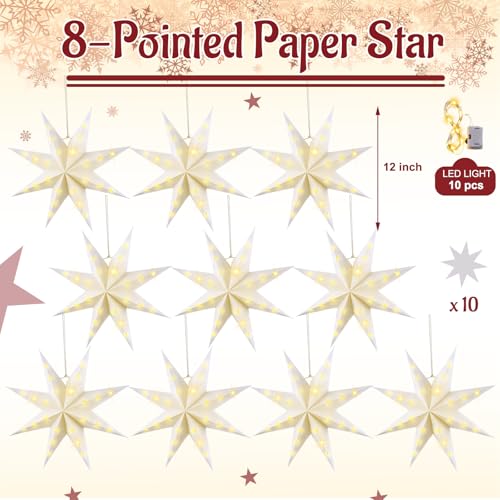 Baquler 10 Set 8-Pointed 12 Inch Paper Star Lanterns Christmas Hanging Lamp Decorations 3D Lampshade Hanging Decor with 10 LED Light for Xmas New Year(Red, Green, White)