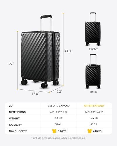 LUGGEX Luggage with Spinner Wheels, Polycarbonate Expandable Hard Shell Suitcase, Carry On 20 Inch, Charcoal Metallic
