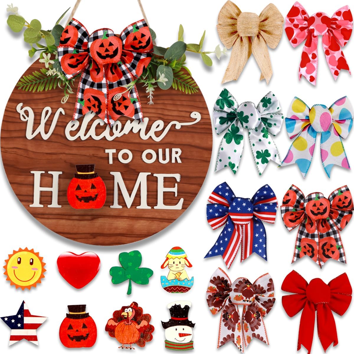 Interchangeable Welcome Home Sign Front Door Wreath Outdoor Decorations,Farmhouse Rustic Wall Hanging Seasons Wreaths Decor for Patriotic Summer Fall Winter Holiday 4th of July Christmas