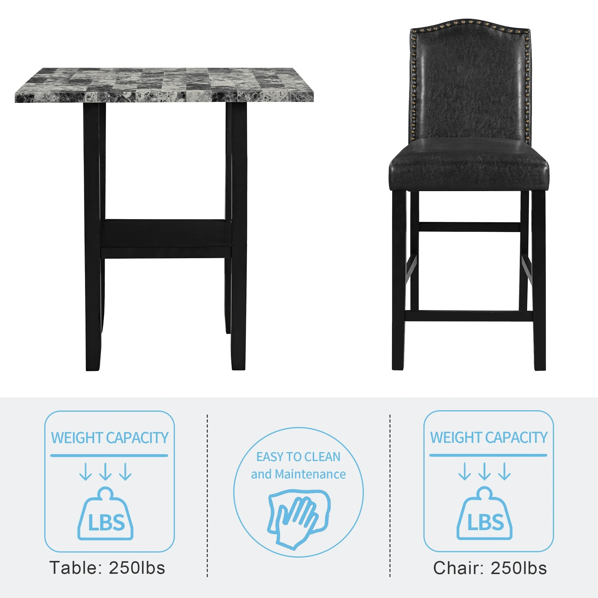 Modern 5-Piece Dining Set - Sturdy MDF Table, PU Leather Chairs, Space-Saving Design, Gray Faux Marble Veneer Gray