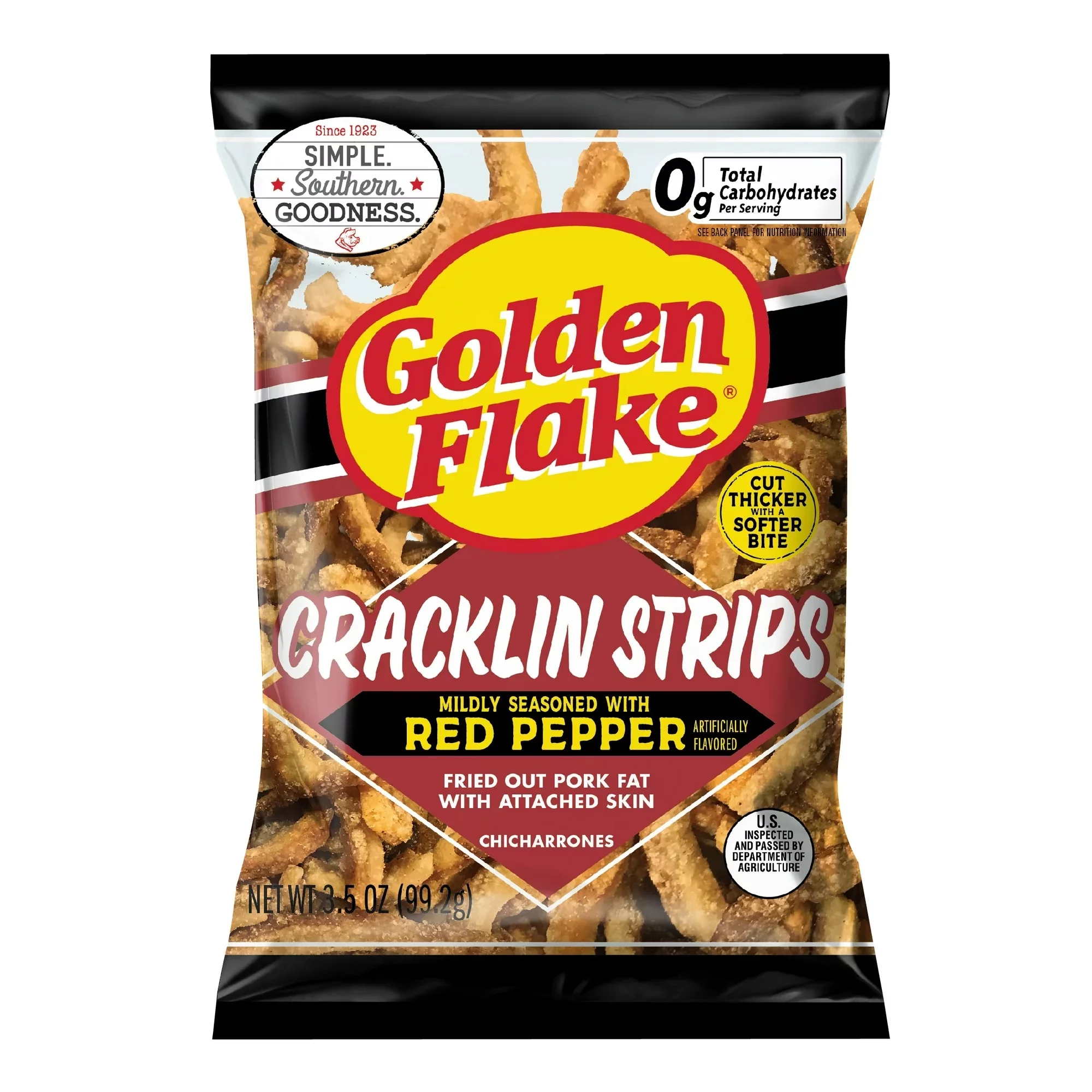 Golden Flake Fried Pork Cracklin Strips Mildly Seasoned with Red Pepper- 3.5 oz. Bags (3 Bags)