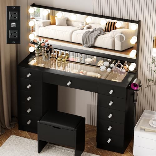 VOWNER Vanity with Lighted Mirror - Glass Top Makeup Vanity Desk with Lights and 11 Drawers, 3 Color Lighting Modes Adjustable Brightness, 46
