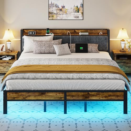 Full Bed Frame with Storage Charging Station Headboard, Smart LED Light, Metal Platform Bed No Box Spring Required, Easy Assembly, Noise Free