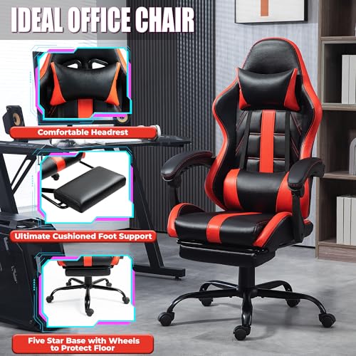 Massage Gaming Chair w/Footrest, Ergonomic High Back PC Chair w/Headrest and Lumbar, PU Swivel Home Desk Office Chair, Black