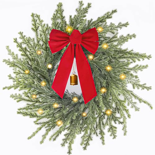 Christmas Wreath with Lights, 26 in Norfolk Pine Wreath for Front Door, Large Greenery Wreath with Red Bow, Bell, Real Touch Artificial Wreaths for Indoor Outdoor Holiday Decor, FF11