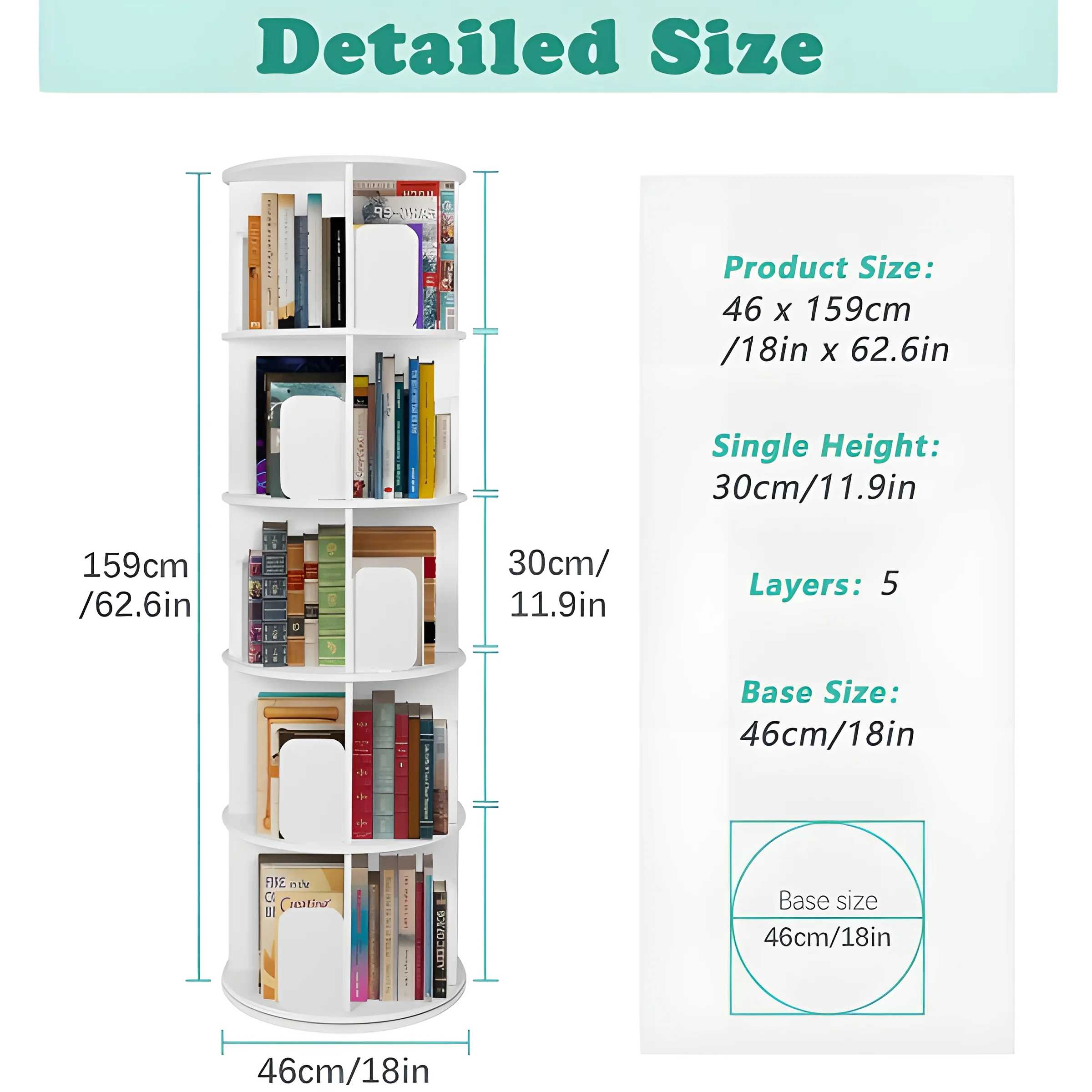 tonchean 5 Tier 360° Rotating Bookshelf Bookcase Organizer with 20 Shelves for Kid Gift, White Wood