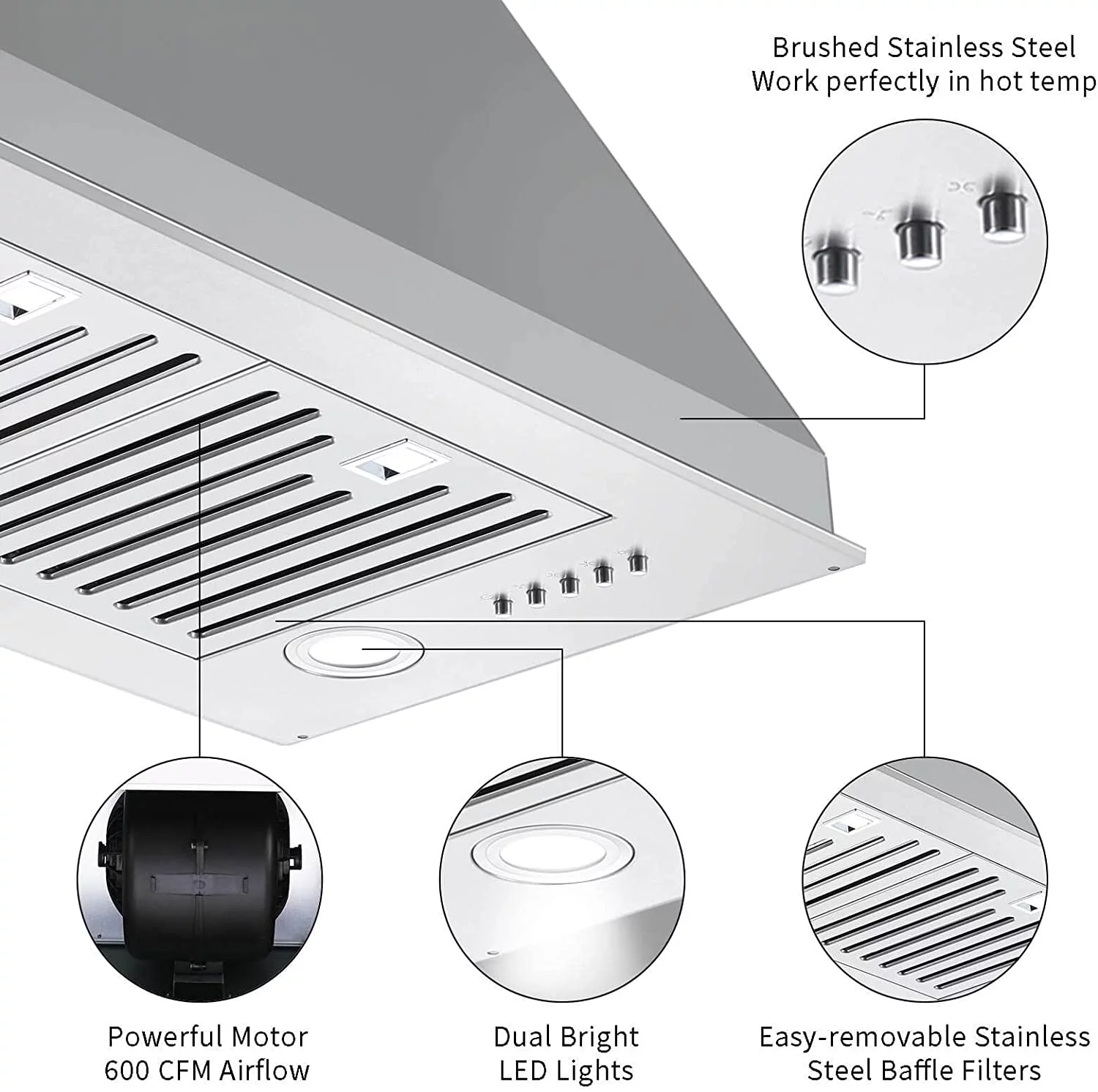 Range Hood 30 inch Insert Vent Hood 600 CFM Built-in Stainless Steel Range Hood
