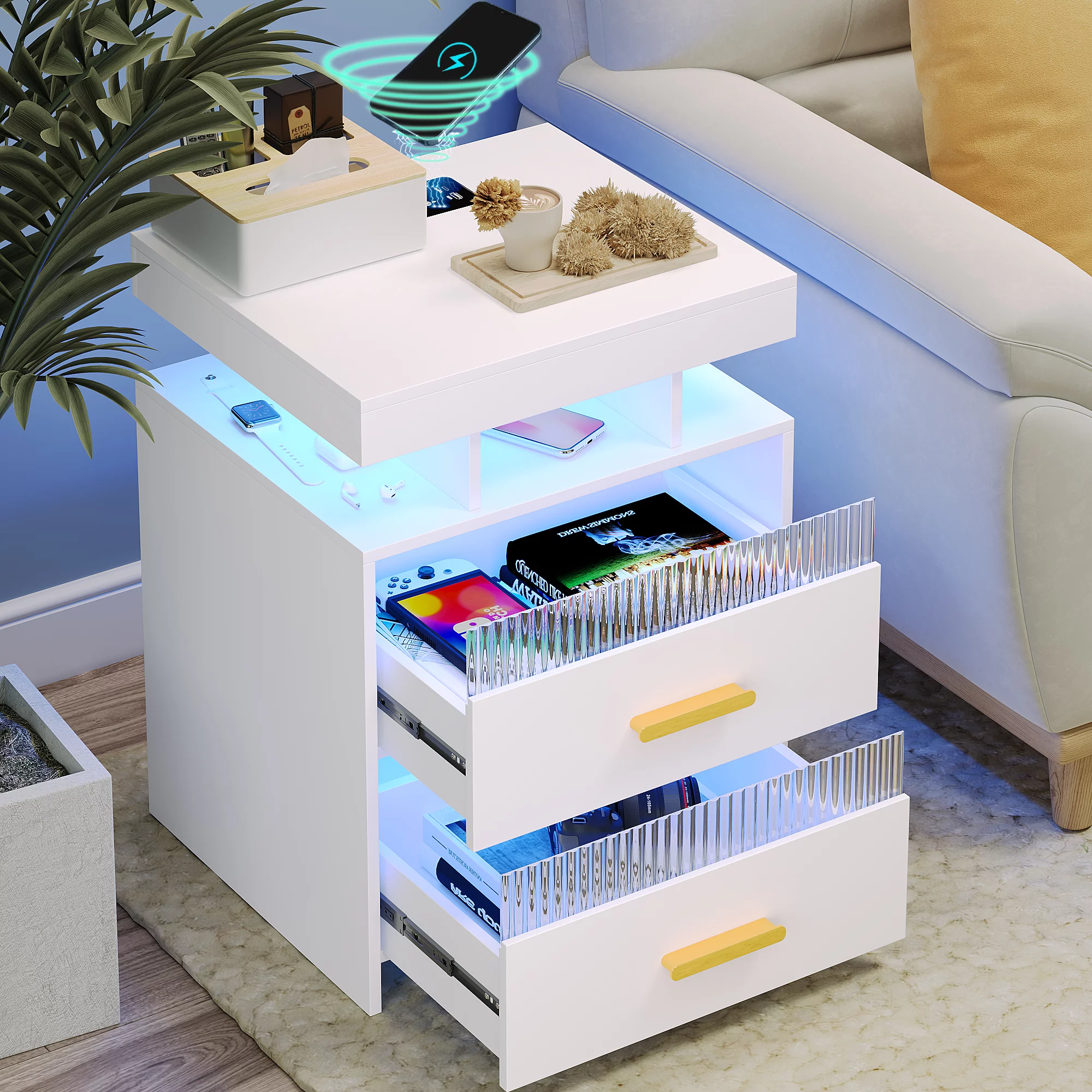 Modern RGB Smart Nightstand with Wireless Charging Station, USB Port - LED Nightstand Table for Bedroom Furniture - 2 Drawers & Open Storage Shelf - Home Office End Side Cabinet, White