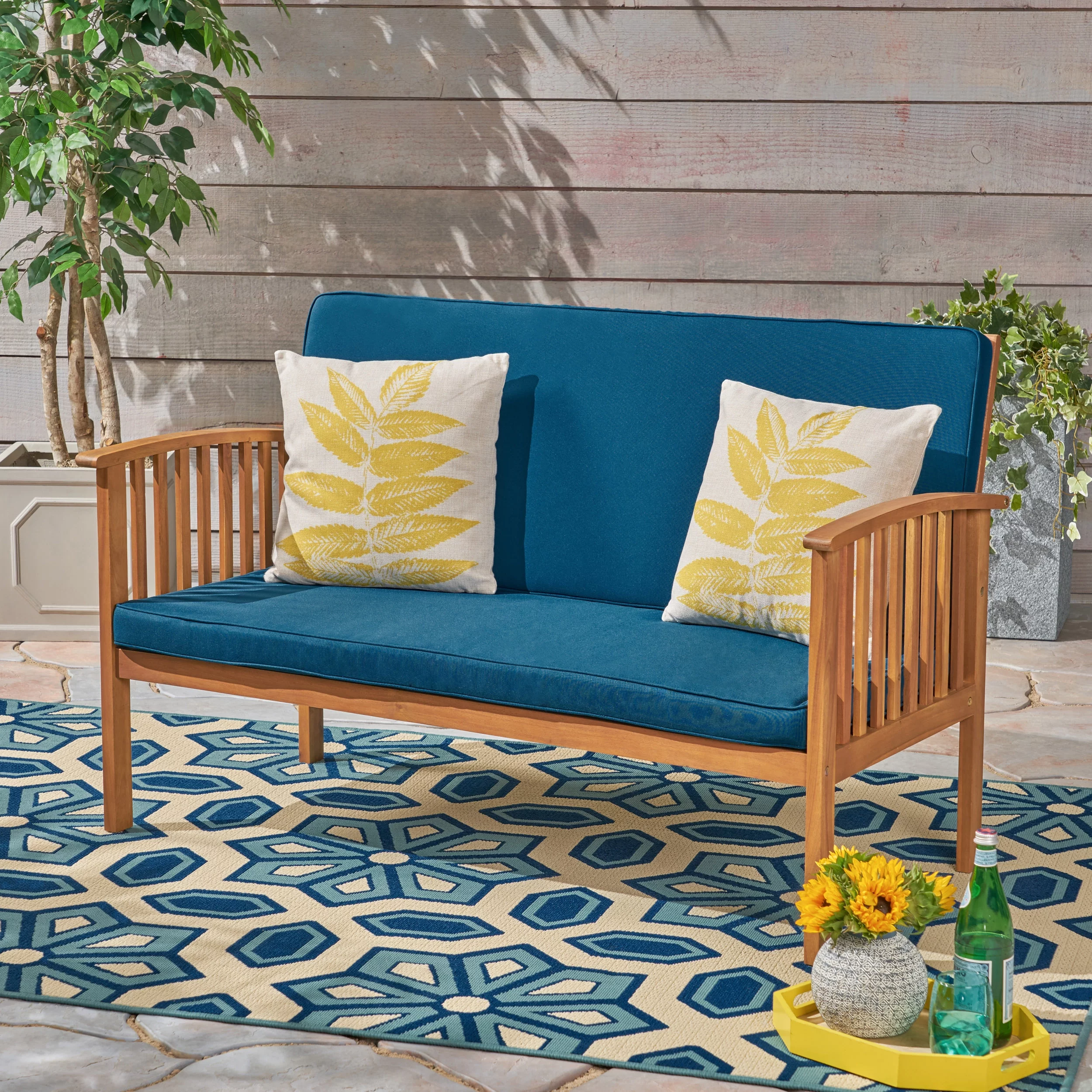 Brendon Outdoor Acacia Wood Loveseat with Cushion, Brown Patina, Dark Teal