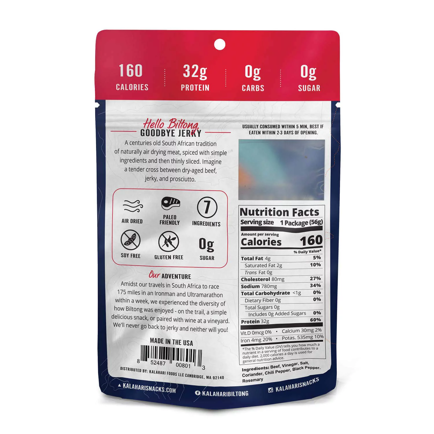 Spicy Peri Peri Kalahari Biltong, Air-Dried Thinly Sliced Beef, 2oz (Pack of 8), Sugar Free, Gluten Free, Keto & Paleo, High Protein Snack