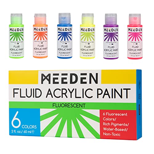MEEDEN Fluorescent Acrylic Paint Set, 6 High Flow Colors (2 oz, 60 ml), Neon Fluid Acrylic, Glow in the Dark Paints for Canvas Painting