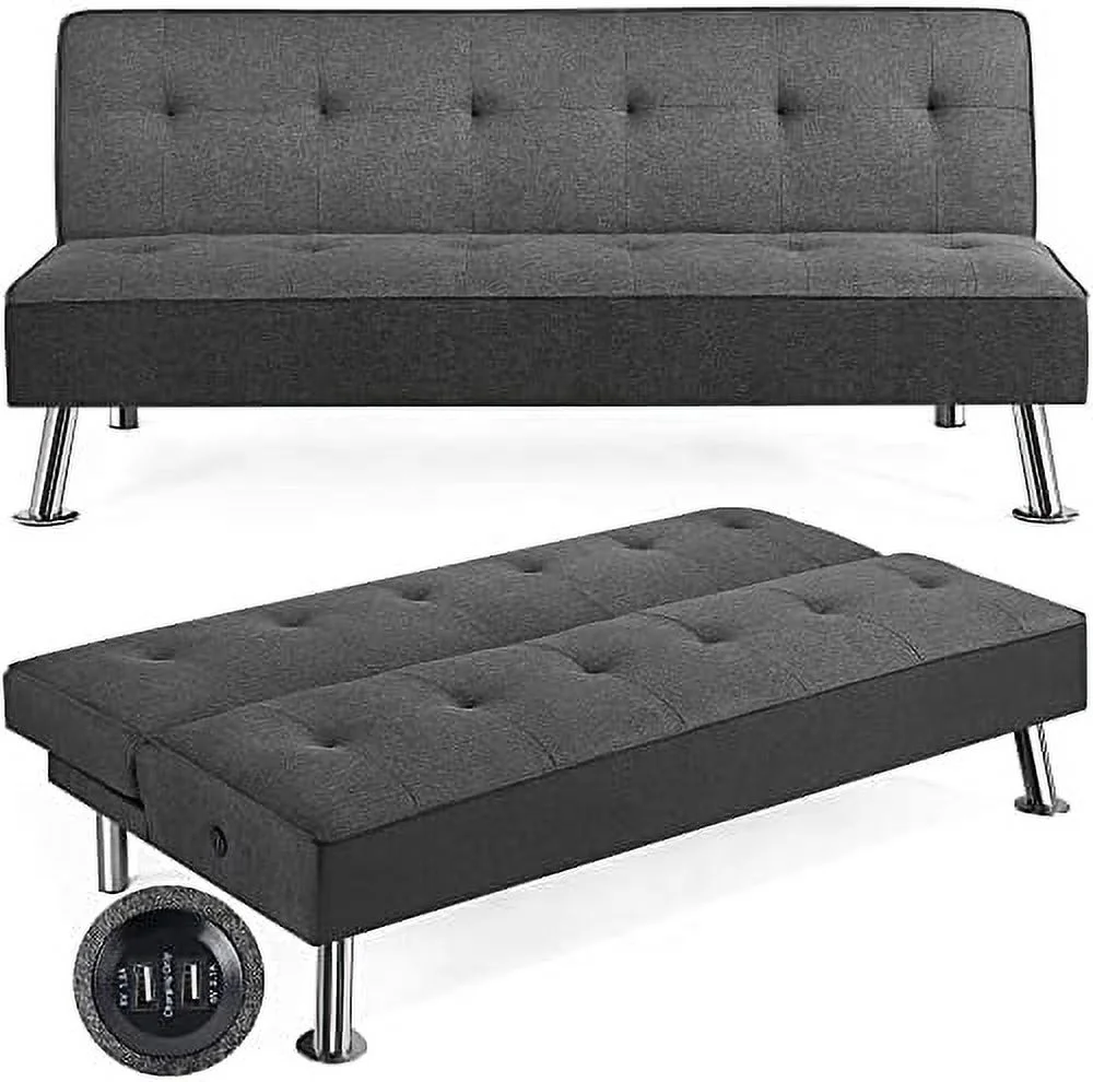 HJZBNONE Modern Convertible Futon Sofa Bed w/ 2 Integrated USB Charging Ports Fabric Loveseat Couch Metal Legs  3 Angles Adjustable Back for Compact Living Space  Apartment  Dorm  Bonus R