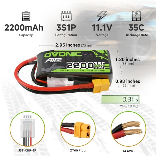 OVONIC 3s Lipo Battery 35C (Burst 70C) 2200mAh 11.1V Lipo Battery with XT60 Connector for Airplane RC Quadcopter Helicopter FPV Drone(2pcs)