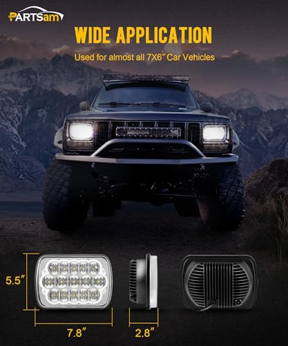 Partsam 2PCS Rectangle H6054 LED Headlights 5x7 7x6 Headlamp Hi/Low Sealed Beam H4 9003 Plug 6054 H5054 Compatible with S10 Blazer Express Van/Wrangler YJ XJ Cherokee Truck Van