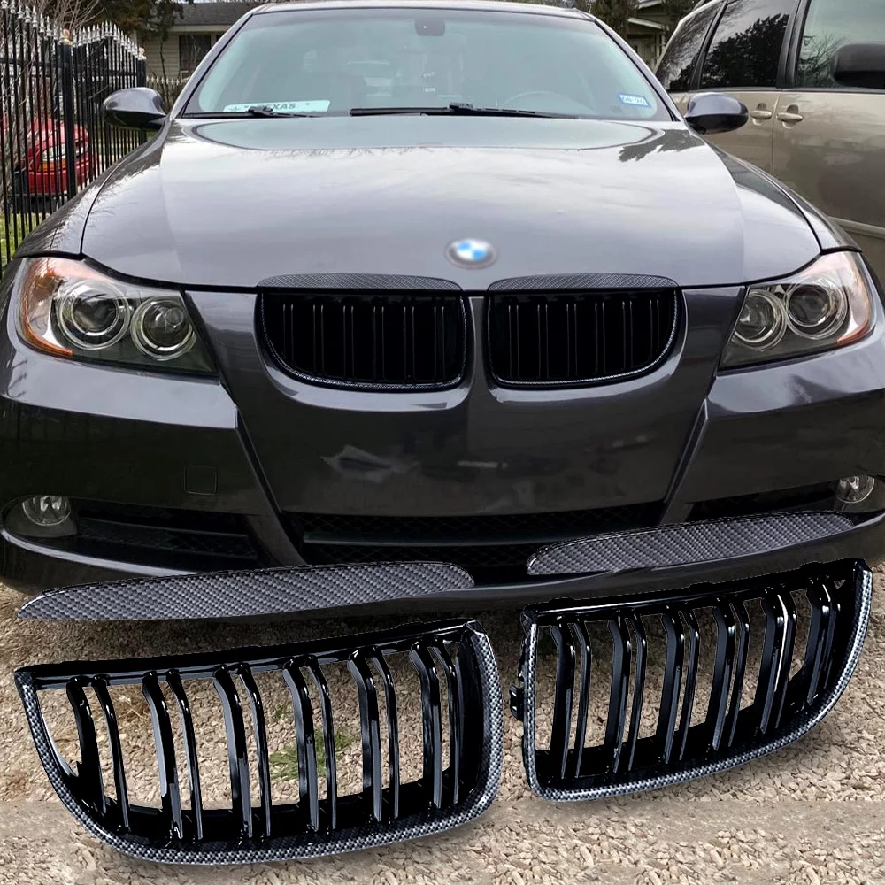 Astra Depot Dual Slats ABS Front Kidney Grill Grille for 2005-2008 BMW E90 E91 328i 335i 325xi Sedan, Carbon Fiber Pattern, 1 Pair