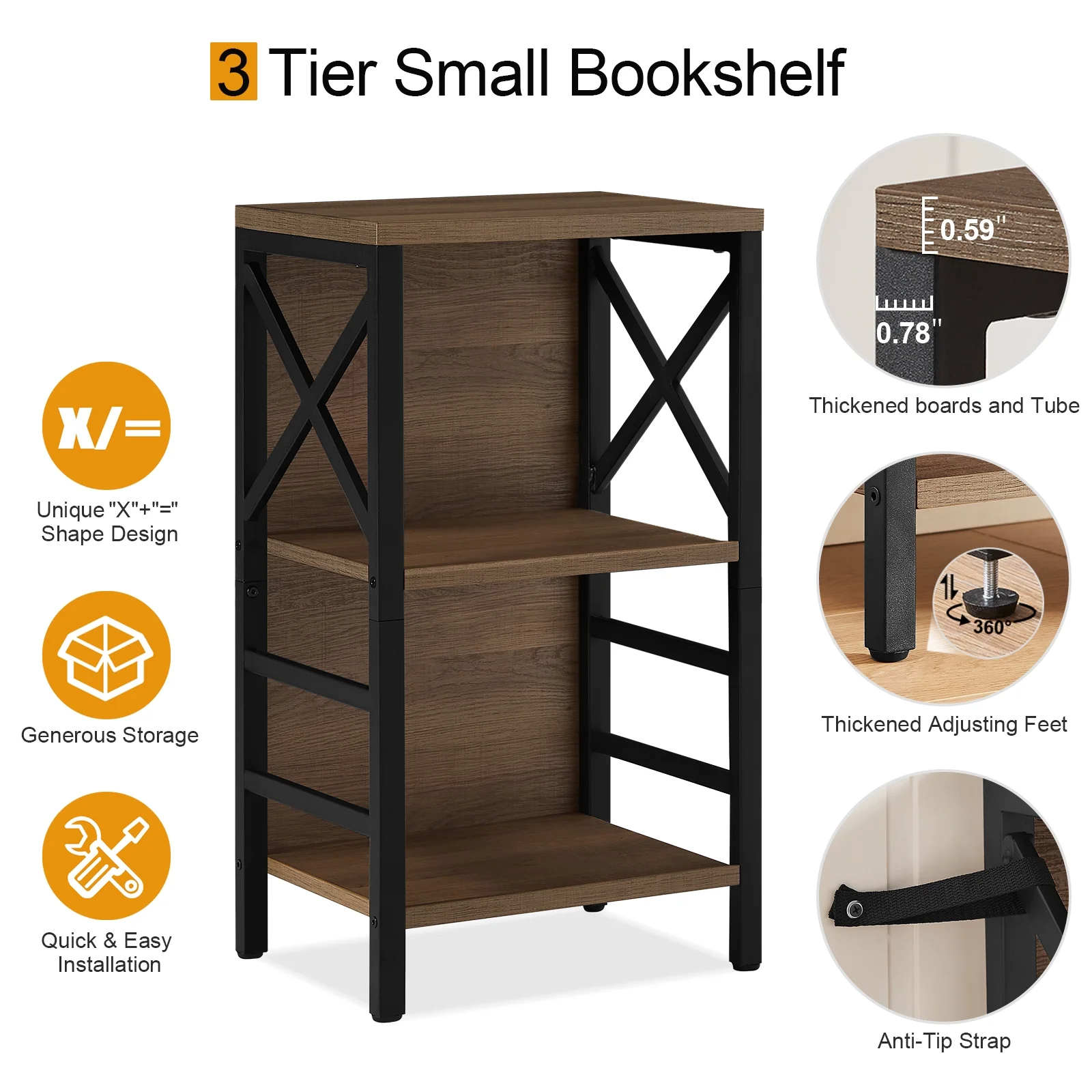 Industrial 3 Tier Bookshelf, Rustic Wood and Metal Bookcase, FreeStanding Storage Small Bookshelf for Small Space, Living Room, Bedroom and Home Office, Brown