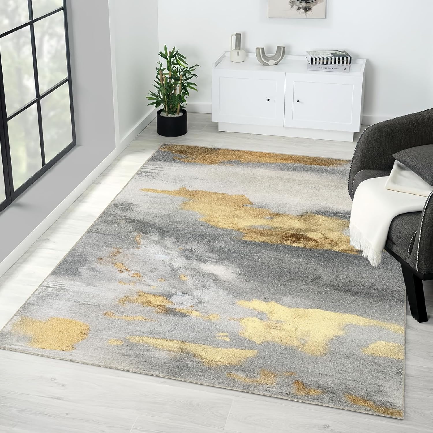 VK VK·LIVING Machine Washable Rug 5'x7' Abstract Washable Area Rugs with Non Slip Rugs for Living Room Bedroom Modern Woven Rug Carprt Stain Resistant, Washable Rugs Dining Room Office Boho Rug, Grey