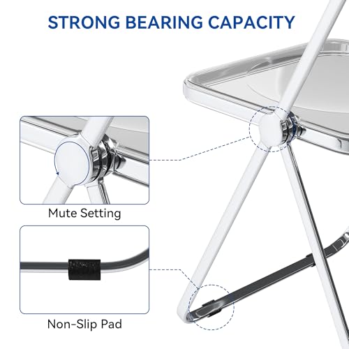 Acrylic Folding Chairs with Stackable, Clear Plastic Chair with Crystal Seat-PC & Metal Chrome Frame, Weight Capacity 350 lbs, 2 Pack,Transparent