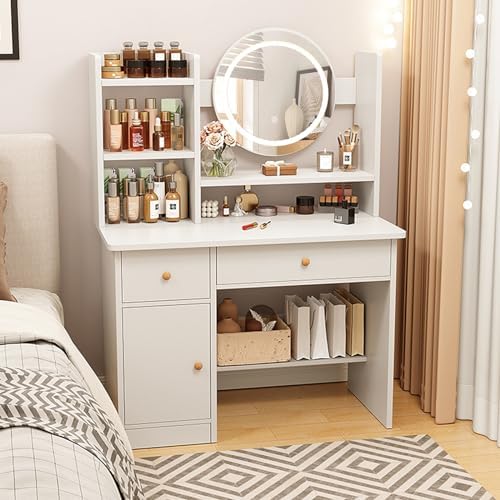Dressing Table, Makeup Table with Drawers, Vanity Desk with Mirror and LED Lights, 3 Lighting Modes, Multifunctional Makeup Writing Desk for Bedroom (White)
