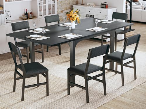 Dining Table Set for 4, Extendable Kitchen Table Cushion Chairs Set of 4, Rectangle Dining Table with Metal Frame & MDF Board, Folding for Small Apartment Saving Space, Black