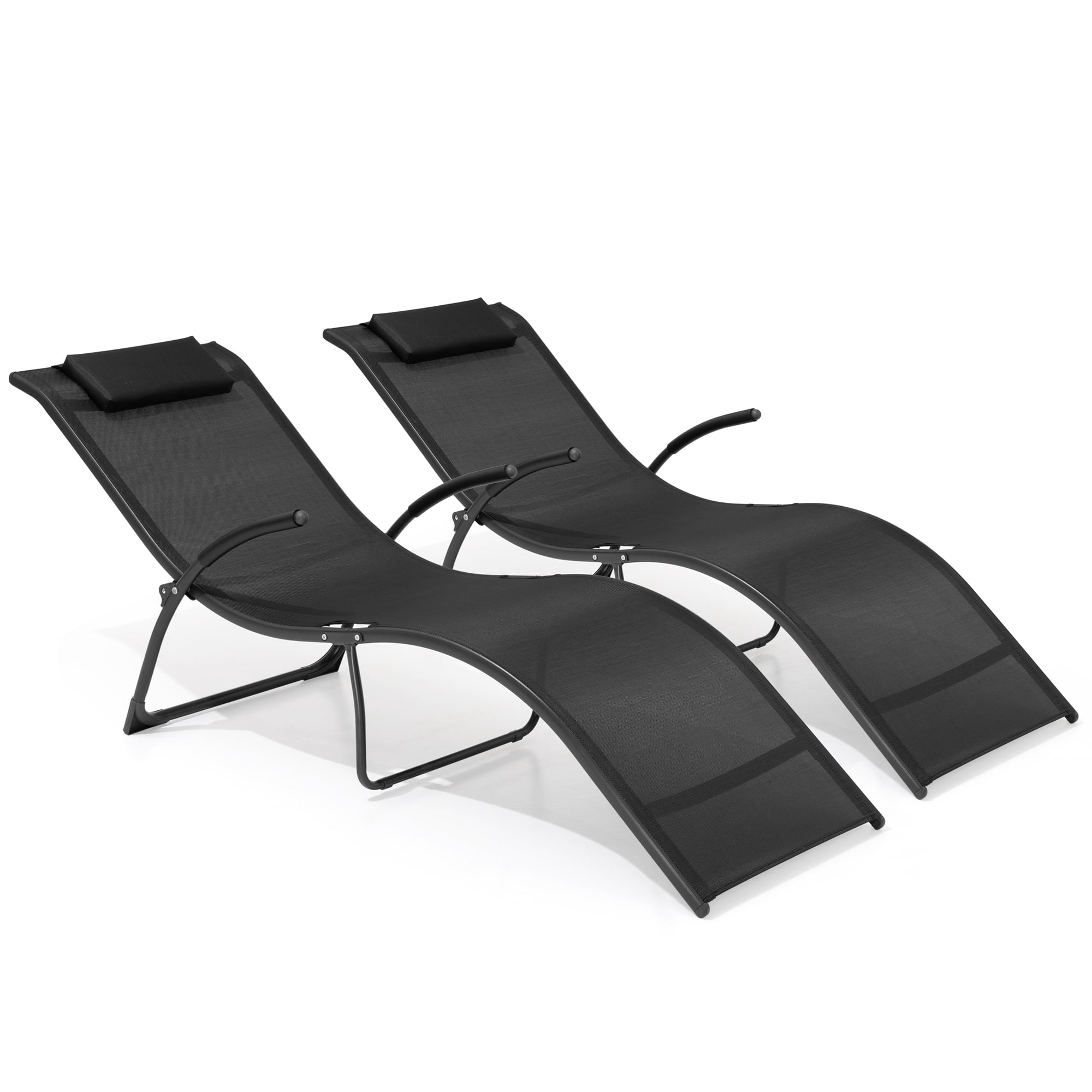 Pellebant 2 PCS Outdoor Chaise Lounge Patio Steel Pool Portable Folding Lounge Chairs, Black